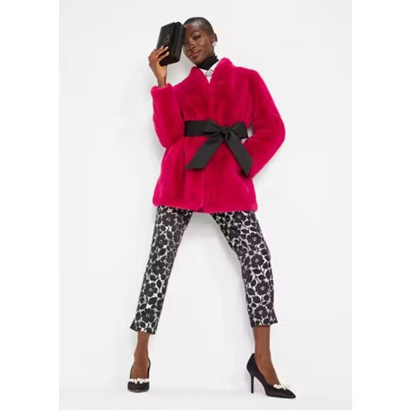 Kate Spade Fuchsia Faux Fur Bow Belted Coat | Burning Man Festival Jacket - Picture 2 of 10